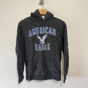 Vintage American Eagle Outfitters Hoodie Y2K Mens M Black Logo Eagle Preppy